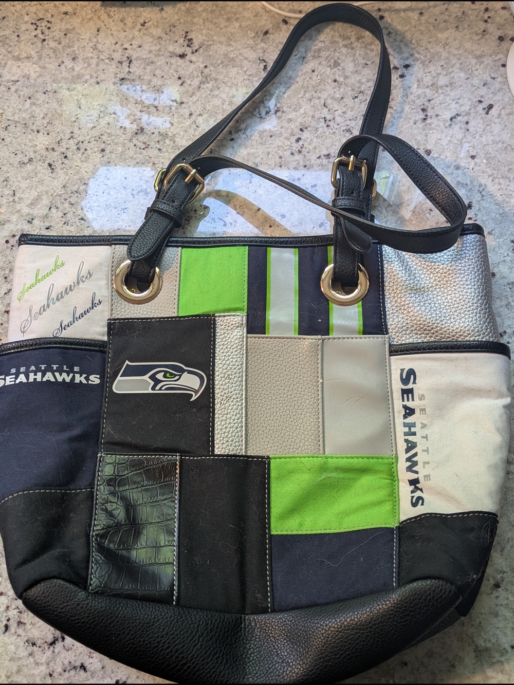 The Bradford Exchange Seattle Seahawks Patchwork Tote in Navy, Green & Gray
